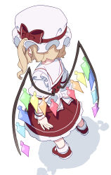 1girl absurdres back_bow blonde_hair bow commentary_request crystal flandre_scarlet frilled_skirt frills from_behind full_body hat hat_ribbon highres kame_(kamepan44231) mob_cap multicolored_wings red_ribbon red_shoes red_skirt red_vest ribbon shirt shoes short_hair short_sleeves simple_background skirt skirt_set socks solo standing touhou vest white_background white_bow white_hat white_shirt white_socks wings