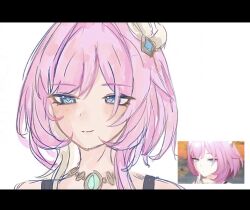 Rule 34 | 1girl, blue eyes, commentary request, cyrene (honkai: star rail), game screenshot inset, hair ornament, honkai: star rail, honkai (series), jewelry, letterboxed, necklace, nemu (hy szg m5), pink hair, pink pupils, reference inset, short hair, simple background, smug, solo, white background