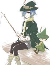 1boy 1girl aqua_hair blue_eyes boots brown_leggings cape fishing fishing_line green_cape green_hat grey_leg_warmers grey_shorts hat hat_belt hat_feather highres instrument kimi_no_koto_ga_dai_dai_dai_dai_daisuki_na_100-nin_no_kanojo leg_warmers leggings light_smile log medium_hair mk_kwp moomin nakaji_uto ocarina scarf shorts sitting_on_log snufkin twig yellow_scarf