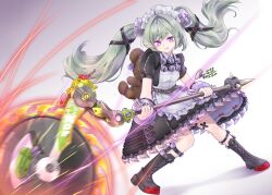 1girl absurdres animal_bag apron artist_name bandaid bandaid_on_leg bear_bag black_boots black_dress black_nails boots breasts circular_saw commentary corin_wickes cuffs dated dress green_hair hair_between_eyes highres holding holding_weapon knee_boots long_hair looking_at_viewer maid maid_apron maid_headdress mixed-language_commentary open_mouth puffy_short_sleeves puffy_sleeves purple_eyes saw screw_hair_ornament short_sleeves simple_background solo sparks twintails weapon white_apron y.l.q. zenless_zone_zero