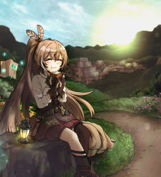 1girl belt cloak corset dagger ddolbang feathers fingerless_gloves flower friend_(nanashi_mumei) gloves hair_ornament highres hill hololive hololive_english knife lantern machu_picchu nanashi_mumei nanashi_mumei_(1st_costume) ponytail potato pouch shirt skirt sky sunlight sunrise thighhighs unworn_cloak virtual_youtuber weapon