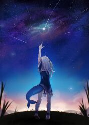 1girl absurdres blue_socks fins fish_tail gawr_gura gawr_gura_(1st_costume) grey_hair hair_ornament highres hololive hololive_english kurohi_drw medium_hair night night_sky pointing pointing_up shark_girl shark_hair_ornament shark_tail sky socks solo space star_(sky) starry_sky tail two_side_up virtual_youtuber white_hair white_sneakers
