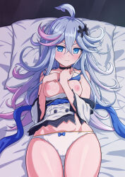 1girl blue_bow blue_eyes blue_hair bow bow_panties breasts breasts_out closed_mouth commentary_request commission gradient_hair highres large_variant_set lying mary_skelter medium_breasts mermaid_(mary_skelter) multicolored_hair mumyou_ishi nipples on_back panties purple_hair skeb_commission solo textless_version underwear variant_set white_panties