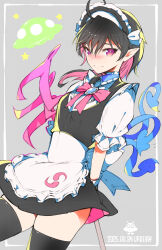 1girl absurdres alternate_costume alternate_eye_color alternate_hair_color apron asymmetrical_wings black_dress black_hair black_thighhighs blue_brooch blue_wings blush bow bowtie closed_mouth colored_inner_hair commentary_request cowboy_shot dress enmaided grey_background hair_between_eyes highres houjuu_nue ichizen_(o_tori) looking_at_viewer maid maid_headdress medium_hair multicolored_hair nue_day pink_bow pink_bowtie pink_eyes pink_hair pink_wings pointy_ears puffy_short_sleeves puffy_sleeves shirt short_dress short_sleeves smile solo thighhighs touhou ufo waist_apron white_apron white_shirt wings zettai_ryouiki