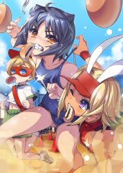 3girls akaga_hirotaka aq_interactive arcana_heart arcana_heart_3 arm_support ass bare_legs bare_shoulders barefoot blonde_hair blue_hair blue_one-piece_swimsuit blue_sky blush breasts catherine_kyoubashi clenched_hands clenched_teeth clothes_lift competition daidouji_kira dark-skinned_female dark_skin day dorothy_albright food_in_mouth highres jumping looking_at_another medium_hair multiple_girls non-web_source one-piece_swimsuit open_mouth orange_hair red_one-piece_swimsuit shiny_skin shoes short_hair short_shorts shorts sky small_breasts sneakers sweat swimsuit swimsuit_lift teeth wet wide_hips