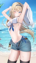 1girl absurdres armpits arms_up bare_shoulders beach bikini bikini_under_shorts black_thighhighs blonde_hair blue_eyes blush breasts cleavage denim denim_shorts hairband highres kunimine_yuzuki large_breasts long_hair looking_at_viewer navel ocean open_mouth original shorts smile solo stomach sweat sweatdrop swimsuit teeth thighhighs underboob water wet white_bikini