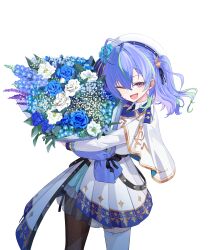 1girl :d absurdres ahoge black_necktie blue_flower blue_hair blue_rose blush bouquet collared_shirt commentary_request cowboy_shot dress flower garter_straps green_hair hat hat_flower highres holding holding_bouquet long_sleeves looking_at_viewer medium_hair mole mole_under_eye multicolored_hair nanashi_inc. necktie one_eye_closed open_mouth ougimaneki pink_eyes rose shirt simple_background smile solo suzumi_nemo suzumi_nemo_(3rd_costume) thighhighs transparent_background two-tone_hair two_side_up virtual_youtuber white_dress white_flower white_hat white_rose white_shirt white_thighhighs