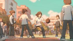 Rule 34 | 5girls, absurdres, arm up, artist logo, artist name, ball, basketball, basketball (object), bilibili logo, bilibili username, black pants, blue footwear, brown eyes, brown hair, cardigan, chinese commentary, commentary request, hair bun, highres, hua ming wink, logo, long sleeves, looking ahead, looking at another, medium hair, multiple girls, open mouth, original, pants, pink shoes, pointy ears, ponytail, shirt, shoes, short hair, short sleeves, sidelocks, sky, sportswear, white footwear, white shirt