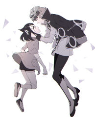 1boy 1girl boots closed_mouth commentary_request cowlick eye_contact from_side hand_on_another&#039;s_head hands_up highres jacket liko_(pokemon) long_sleeves looking_at_another nintendo pants pants_tucked_in pokemon pokemon_(anime) pokemon_horizons reisui_(sui_neko22) shoes shorts smile socks spinel_(pokemon) three-quarter_sleeves twitter_username watermark