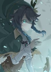 1boy absurdres androgynous beret black_hair blue_hair bow braid brooch cape collared_cape corset flower frilled_sleeves frills from_side genshin_impact gradient_hair green_eyes green_hat hat hat_flower highres jewelry kurorin5 leaf long_sleeves male_focus multicolored_hair open_mouth shirt short_hair_with_long_locks simple_background solo twin_braids venti_(genshin_impact) white_flower white_shirt