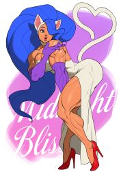 1girl animal_ears arched_back bent_over big_hair blowing_kiss blue_hair breasts broad_shoulders cat_ears cat_girl cat_tail darkstalkers dress elbow_gloves felicia_(darkstalkers) full_body gloves hair_over_one_eye high_heels large_breasts lips long_hair midnight_bliss muscular muscular_arms muscular_female muscular_legs pokkuti purple_gloves red_footwear side_slit solo standing tail thick_thighs thighs white_dress