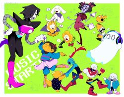 1other 4boys 4girls =_= ^_^ alphys android arthropod_girl asgore_dreemurr ballet_slippers black_hair boots bow closed_eyes dancing extra_arms flower flowey_(undertale) frisk_(undertale) full_body ghost gloves green_background hair_bow hand_on_own_hip headphones high_heel_boots high_heels highres holding holding_hands holding_teapot insect_girl kanianoreki knee_boots mad_dummy_(undertale) mettaton mettaton_ex microphone muffet multiple_boys multiple_girls music musical_note napstablook open_mouth outstretched_arms papyrus_(undertale) pink_skirt purple_boots sans_(undertale) short_hair short_twintails singing skirt spider_girl spoken_musical_note standing teapot toriel twintails undertale undyne white_gloves