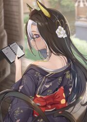 1girl absurdres animal_ears back_bow bow brown_hair calendar_(object) dream_journey_(umamusume) feriri floral_print floral_print_kimono flower glasses hair_flower hair_ornament highres holding holding_notebook horse_ears horse_girl horse_tail indoors japanese_clothes kimono long_hair multicolored_hair notebook print_kimono purple_eyes solo streaked_hair tail umamusume white_hair