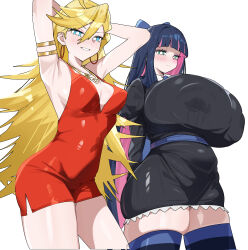 Rule 34 | 2girls, armpits, arms up, blonde hair, blue eyes, breasts, bursting breasts, citizen k (pngj5475), gigantic breasts, highres, huge breasts, lactation, lactation through clothes, looking at viewer, medium breasts, multiple girls, panty &amp; stocking with garterbelt, panty (psg), perky breasts, purple hair, siblings, sisters, stocking (psg), thick thighs, thighhighs, thighs
