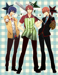 Rule 34 | 00s, 10s, 3boys, angel beats!, antenna hair, apron, bad id, bad pixiv id, baseball, baseball bat, baseball glove, black pants, blue eyes, blue hair, brown eyes, brown hair, cigarette, clannad, company connection, crossover, furukawa akio, highres, hinata hideki, jamijami, key (company), little busters!, male focus, multiple boys, natsume kyousuke, pants, plaid background, red eyes, school uniform, short hair
