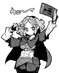 Rule 34 | 1girl, braided hairband, dowman sayman, monochrome, nintendo, pout, princess zelda, sheikah slate, short hair, solo, the legend of zelda, the legend of zelda: breath of the wild, v