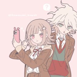 1boy 1girl :o ? artist_name brown_hair brown_jacket brown_skirt collared_shirt danganronpa_(series) danganronpa_3_(anime) dress_shirt flipped_hair galaga grey_background hair_ornament holding holding_phone hope&#039;s_peak_academy_school_uniform jacket komaeda_nagito komanami_kawaii long_sleeves medium_hair messy_hair nanami_chiaki neck_ribbon necktie official_alternate_costume phone pink_eyes pleated_skirt red_necktie red_ribbon ribbon school_uniform selfie shirt shirt_tucked_in skirt spoken_question_mark white_shirt