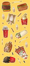 Rule 34 | animal focus, black eyes, bread, burger, cheese, closed mouth, cup, disposable cup, drinking straw, english text, food, food focus, french fries, grid background, honto pic, hot dog, ice cream, ice cream cone, ketchup, lettuce, no humans, orange background, original, rabbit, sandwich, simple background, soda, tomato, yellow background