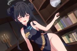 1girl :d ^_^ bare_shoulders black_dress black_hair black_nails blue_archive blush book bookshelf breasts butterfly_hair_ornament candle candlestand china_dress chinese_clothes closed_eyes commentary_request covered_navel cowboy_shot double_bun dragon_print dress dutch_angle film_grain full_body grey_halo groin hair_between_eyes hair_bun hair_ornament halo hand_up happy highres indoors kisaki_(blue_archive) long_hair misono_(misonokei) nail_polish no_bra no_panties open_mouth petite print_dress sleeveless sleeveless_dress small_breasts smile solo thighs twintails