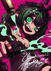 1girl absurdres bandaid_on_chest black_horns braid broken_horn bullet commission elf elfinpsyop green_eyes green_hair grey_shirt gun handgun highres holding holding_gun holding_weapon horns indie_virtual_youtuber long_hair multicolored_hair open_mouth pink_background pointy_ears sharp_teeth shirt skeb_commission smoke solo streaked_hair teeth teru_(asa_hi_t) troll_face twin_braids virtual_youtuber weapon