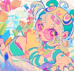 Rule 34 | 1boy, 1girl, absurdres, bandaid, bear hat, blue eyes, braid, braided sidelocks, colorful, commentary request, eyelashes, figure, heisei retro, highres, holding, indoors, jewelry, mago oowarawa, nintendo switch, open mouth, original, ring, shelf, short hair, solo focus, star-shaped pupils, star (symbol), sunglasses, symbol-shaped pupils, thick eyelashes, watch, white hair, wristwatch, y2k fashion