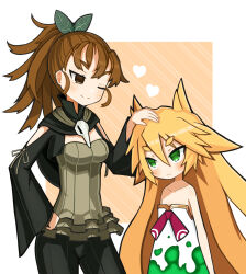 2girls bare_shoulders black_cape black_pants blonde_hair blush border breasts brown_eyes brown_hair cape closed_mouth clothing_cutout collarbone dress green_dress green_eyes hair_between_eyes hair_ornament hand_on_another&#039;s_head headpat heart highres leaf_hair_ornament long_hair looking_at_another looking_down looking_up majo_to_hyakkihei malia metallica_(majo_to_hyakkihei) multiple_girls one_eye_closed outside_border pants sleeveless sleeveless_dress smile strapless strapless_dress suaman thick_eyebrows two-tone_dress very_long_hair white_border white_dress wide_sleeves