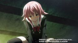 1girl between_legs breasts copyright_notice dress dress_shirt hand_between_legs looking_at_viewer official_art onoe_serika original red_eyes red_hair red_ribbon ribbon sasaki_mutsumi school_uniform shirt sidelocks sitting smirk solo solo_focus spread_legs thick_thighs thigh_strap thighhighs thighs