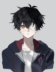 1boy :&lt; bandage_over_one_eye bandaid bandaid_on_face black_hair collarbone eyepatch grey_background hair_between_eyes highres hood hood_down hooded_jacket idolish7 jacket long_sleeves looking_at_viewer male_focus medical_eyepatch minirai0707 open_clothes open_jacket purple_eyes shirt short_hair upper_body white_shirt