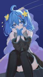 Rule 34 | 1girl, absurdres, ahoge, alternate hairstyle, aqua trim, blue eyes, blue hair, blush, boots, closed mouth, detached sleeves, grey shirt, hair between eyes, hair ornament, hatsune miku, highres, ikedahanaga, long sleeves, shirt, sitting, skirt, solo, star (symbol), star hair ornament, thigh boots, twintails, vocaloid, wide sleeves, x hair ornament