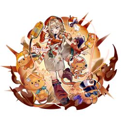 1girl :d absurdres animalization apple apple_(reverse:1999) backpack bag beret black_bow black_bowtie black_shoes bow bowtie brown_hair explosion explosion_background food fruit full_body hand_up hat headphones headphones_around_neck highres lion_cub looking_at_viewer loose_socks newsboy_cap official_alternate_costume open_bag open_mouth orange_eyes overall_skirt person_and_animalization record_jacket red_arm_warmers red_hat red_shirt red_socks regulus_(pizza_hut)_(reverse:1999) regulus_(reverse:1999) reverse:1999 scarf shengxuanyi shirt shoes short_hair skirt smile socks solo strapless strapless_shirt striped_clothes striped_scarf sunglasses traditional_bowtie watermark white_background white_skirt