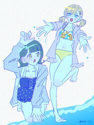 Rule 34 | 2girls, :d, arm up, barefoot, beach, bikini, black one-piece swimsuit, blunt bangs, breasts, cleavage, collarbone, commentary request, cross-laced clothes, cross-laced one-piece swimsuit, dress swimsuit, flipped, floral print, floral print bikini, full body, green eyes, green hair, grey jacket, hair ornament, hairclip, highres, hinoshita kaho, hinoshita kaho (swimsuit), hood, hooded jacket, jacket, kzkz lvlv, link! like! love live!, love live!, low twintails, medium breasts, medium hair, mismatched bikini, momose ginko, momose ginko (swimsuit), multiple girls, official alternate costume, one-piece swimsuit, open clothes, open jacket, open mouth, orange hair, outstretched arms, parallel hairclips, pink jacket, print bikini, purple theme, short hair, simple background, smile, standing, swimsuit, twintails, twitter username, virtual youtuber, white background, yellow bikini