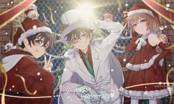 1girl 2017 2boys :q antlers aqua_necktie arm_up black_hair blue_eyes blush brown_hair character_doll closed_mouth collared_shirt edogawa_conan elbow_gloves fake_antlers frilled_skirt frills fur-trimmed_headwear fur-trimmed_shirt fur-trimmed_skirt fur_trim glasses gloves grin haibara_ai hair_between_eyes hat horns jacket kaitou_kid looking_at_viewer magic_kaito medium_skirt meitantei_conan merry_christmas monicanc monocle multiple_boys necktie over-rim_eyewear pants purple_eyes red_gloves red_headwear red_shirt red_skirt reindeer_antlers santa_costume santa_hat semi-rimless_eyewear shirt short_hair skirt sleeveless sleeveless_shirt smile tongue tongue_out twitter_username v white_gloves white_headwear white_jacket white_pants wing_collar