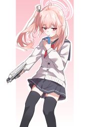 1girl absurdres black_sailor_collar black_skirt black_thighhighs blue_archive blush breasts bright_pupils c2_jun cardigan cellphone double-parted_bangs drinking drinking_straw drop_shadow feet_out_of_frame floating_hair gradient_background gun hair_over_shoulder halo hand_up highres holding holding_carton holding_gun holding_weapon long_hair looking_down milk milk_carton miniskirt natsu_(blue_archive) neckerchief no_mouth one_side_up outside_border phone pillarboxed pink_background pink_hair pink_halo pleated_skirt red_eyes red_neckerchief sailor_collar school_uniform serafuku skirt small_breasts smartphone solo thighhighs weapon white_cardigan white_pupils zettai_ryouiki