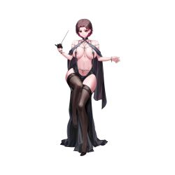 1girl anklet areola_slip bare_shoulders belt between_breasts black_belt black_dress black_footwear black_gloves black_thighhighs bracelet breasts breasts_apart brown_hair collarbone colored_inner_hair conductor conductor_baton d-log dress earrings evening_gown floral_print flower frills full_body gem gloves grey_shawl grin hair_intakes half_gloves high_heels highres holding_baton jewelry lace lace-trimmed_thighhighs lace_trim large_breasts last_origin linea_alba long_dress looking_at_viewer merlin_(last_origin) multicolored_hair navel no_bra official_alternate_costume official_art pelvic_curtain plunging_neckline red_eyes red_flower red_gemstone red_hair red_rose revealing_clothes rose see-through_clothes see-through_shawl shawl short_hair simple_background single_glove sitting slit_pupils smile solo tachi-e thighhighs third-party_source transparent_background two-tone_hair v-shaped_eyebrows wrist_straps
