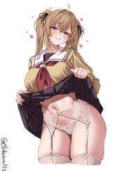 1girl blush bow bow_panties breasts brown_eyes clothes_lift commentary_request cowboy_shot ebifurya garter_belt hair_ornament hair_ribbon highres kantai_collection large_breasts light_brown_hair long_hair looking_at_viewer murasame_(kancolle) navel panties panties_over_garter_belt ribbon school_uniform serafuku skirt skirt_lift smile solo stomach twintails twitter_username underwear white_background white_panties