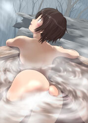 1girl amagami ass bathing blush brown_eyes brown_hair completely_nude female_focus from_behind highres keisuke_(0320030103200301) looking_up nude onsen open_mouth outdoors partially_submerged short_hair solo tachibana_miya tree water