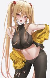 Rule 34 | 1girl, bare shoulders, biya (1024), blonde hair, blush, borrowed character, breasts, crop top, earrings, hair bobbles, hair ornament, highres, hoop earrings, jacket, jewelry, large breasts, long hair, long sleeves, looking at viewer, navel, open mouth, original, pants, red eyes, sayuri (k pring), sidelocks, smile, solo, thighs, twintails, very long hair, yellow jacket, yoga pants