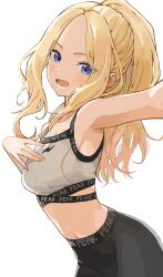 1girl absurdres black_pants blonde_hair blue_eyes breasts commentary_request forehead gakuen_idolmaster grey_sports_bra hand_on_own_chest highres idolmaster juo_sena long_hair looking_at_viewer medium_breasts midriff navel pants ponytail selfie simple_background solo sports_bra white_background yamamoto_souichirou yoga_pants