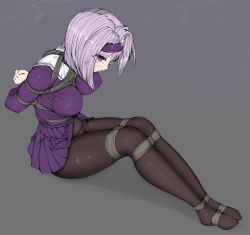 Rule 34 | 1girl, absurdres, alternate color, ameng (katena1990), arms behind back, bdsm, bondage, bound, bound ankles, bound arms, bound legs, breast bondage, breasts, cloth gag, clothes lift, crotch seam, full body, gag, gagged, grey background, hair ornament, hairband, highres, improvised gag, large breasts, legs together, long sleeves, looking at viewer, cloth gag, pantyhose, pleated skirt, purple eyes, purple hair, purple hairband, purple shirt, purple skirt, rope, ryuuou no oshigoto!, school uniform, serafuku, shibari, shibari over clothes, shirt, short hair, simple background, sitting, skirt, skirt lift, snowflake hair ornament, solo, sora ginko