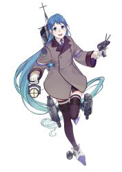 Rule 34 | 1girl, absurdres, adapted turret, bad id, bad twitter id, black thighhighs, blue eyes, blue hair, blue neckerchief, cannon, coat, collared shirt, female focus, gloves, gradient hair, grey coat, highres, kantai collection, long hair, looking at viewer, machinery, multicolored hair, neckerchief, original remodel (kantai collection), samidare (kancolle), searchlight, ship turret, shirt, simple background, smile, smokestack, solo, swept bangs, thighhighs, torpedo launcher, uyama hajime, very long hair, white background, white gloves