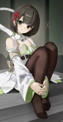 1girl absurdres agnus_female_off-seer_uniform bare_shoulders black_hair black_pantyhose closed_mouth commentary_request dress feet flower_knot fold-over_dress full_body green_eyes head_tilt highres knees_up knot_hair_ornament legs looking_at_viewer miyabi_(xenoblade) no_shoes pantyhose short_hair smile solo songchuan_li toes white_dress white_sleeves xenoblade_chronicles_(series) xenoblade_chronicles_3