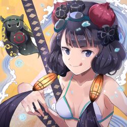 Rule 34 | 1girl, bikini, black hair, blue eyes, breasts, commentary request, fate/grand order, fate (series), flower, goggles, goggles on head, gorogoronemuri, hair flower, hair ornament, highres, holding, holding sword, holding weapon, katsushika hokusai (fate), katsushika hokusai (swimsuit saber) (fate), long hair, octopus, partial commentary, small breasts, smile, swim goggles, swimsuit, sword, tongue, tongue out, twintails, v-shaped eyebrows, water, weapon, white bikini, yellow background