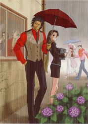2girls 4boys ace_attorney bare_shoulders black_neckwear brown_eyes brown_hair capcom dahlia_hawthorne diego_armando dress earrings edaki_shin&#039;ya facial_hair flower formal_clothes glasses happy highres holding holding_umbrella hydrangea iris_(ace_attorney) iwamoto_tatsurou jewelry long_hair marvin_grossberg mia_fey miniskirt multiple_boys multiple_girls mustache necktie official_art outdoors pencil_skirt phoenix_wright phoenix_wright:_ace_attorney_-_trials_and_tribulations pink_sweater rain red_shirt robert_hammond scarf shirt skirt skirt_suit smile snail standing suit sweater time_paradox umbrella vest white_dress white_footwear yellow_neckwear