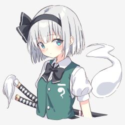 1girl absurdres black_bow black_bowtie black_hairband blue_eyes blush bow bowtie chinese_commentary closed_mouth collared_shirt commentary_request green_vest grey_hair hairband highres hitodama hitodama_print katana konpaku_youmu konpaku_youmu_(ghost) looking_at_viewer multiple_swords puffy_short_sleeves puffy_sleeves setteiset sheath sheathed shirt short_hair short_sleeves solo sword touhou vest weapon white_shirt