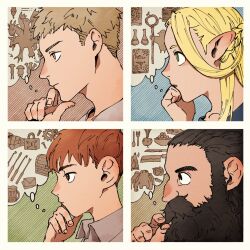 1girl 3boys beard beard_over_mouth blonde_hair chilchuck_tims dungeon_meshi dwarf elf facial_hair fake_horns food from_side golem helmet highres horned_helmet horns laios_touden long_beard marcille_donato mnmnmnt_o monster multiple_boys mustache pointy_ears profile senshi_(dungeon_meshi) sideburns speech_bubble split_screen staff thick_mustache thinking thought_bubble treasure_chest
