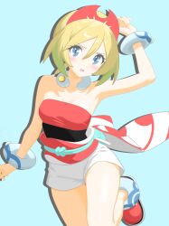Rule 34 | 1girl, :o, absurdres, anklet, arm up, blonde hair, blue eyes, blush, bracelet, breasts, cleavage, commentary request, eyelashes, flute, hair between eyes, hairband, highres, instrument, irida (pokemon), jewelry, leg up, looking at viewer, majikichi915, medium hair, neck ring, nintendo, open mouth, pokemon, pokemon legends: arceus, red hairband, red shoes, sash, shirt, shoes, shorts, solo, strapless, strapless shirt, waist cape, white shorts