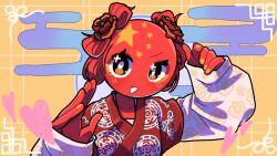 banbi brown_eyes china chinese_clothes chinese_commentary colored_skin commentary countryhumans english_commentary fang flower hair_flower hair_ornament hanfu heart layered_shirt mixed-language_commentary original people&#039;s_republic_of_china_flag red_flower red_rose red_skin rose shuangyaji skin_fang smile star_(symbol) upper_body whk yellow_nails