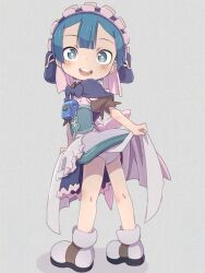 1boy apron ass blue_capelet blue_eyes blue_hair blush bow bright_pupils capelet child clothes_lift corset crossdressing dress dress_lift from_behind full_body grey_background kneepits lifting_own_clothes looking_at_viewer looking_back made_in_abyss maid maid_headdress male_focus maruruk open_mouth panties pouch shoes short_hair short_sleeves shota simple_background smile solo standing teeth trap underwear upper_teeth_only whistle whistle_around_neck white_panties ximu_shilang