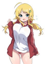 Rule 34 | 1girl, absurdres, ahoge, blonde hair, blue eyes, blush, breasts, buruma, commentary, detached ahoge, flying sweatdrops, hachimiya meguru, highres, idolmaster, idolmaster cinderella girls, jacket, large breasts, long hair, long sleeves, looking at viewer, low twintails, open clothes, open jacket, open mouth, red buruma, red jacket, shirt, simple background, smile, solo, thighs, track jacket, twintails, white background, white shirt, zaza (zahaoming)