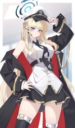 Rule 34 | 1girl, adjusting clothes, adjusting headwear, akanora, arm up, azur lane, bare shoulders, black coat, black necktie, blonde hair, blue archive, blue eyes, blue halo, blue nails, braid, breasts, coat, cosplay, enterprise (azur lane), enterprise (azur lane) (cosplay), half up braid, halo, hat, highres, ishikawa yui, long hair, military hat, nail polish, necktie, peaked cap, shirt, sleeveless, sleeveless shirt, solo, thighhighs, toki (blue archive), voice actor connection, white hat